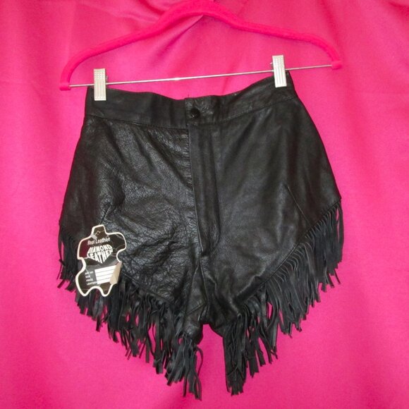 1980s NWT vintage black leather fringe shorts size small xs - Picture 3 of 6